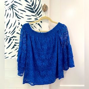 Lilly Pulitzer off the shoulder top blue palm lace